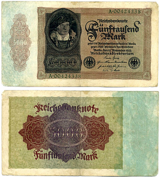 Германия 5000 марок 1922 19 ноября 1922, выпуск (ЯНВАРЬ 1923-5 июля 1925), серия А 00424338 Pick 78, Роземберг 77 бумага 7552-5-1-2