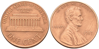 США 1 цент 1987 Линкольн KM 201b цинк плакированный медью 188-335