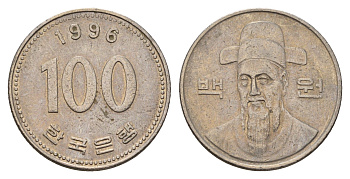 Южная Корея 100 вон 1996 Ли-Сунсин, корейский флотоводец KM 35 медь цинк никель 3336-343