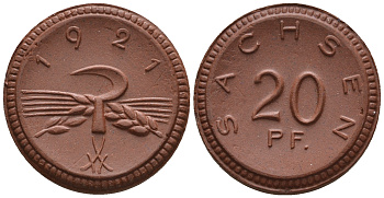 Саксония 20 пфеннигов 1921 колосья и серп J. N 53 фарфор UNC 1094-9-41