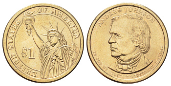 США 1 доллар 2011 Президент США - Эндрю Джонсон (1865-1869) KM 499 медь с марганцево-латунным покрытием UNC 4699-922