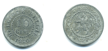 БЕЛЬГИЯ 10 САНТИМОВ 1916 BELGIQUE-BELGIE, ГЕРМАНСКАЯ ОККУПАЦИЯ, ПЕРВАЯ МИРОВАЯ ВОЙНА KM 81 цинк 25-243