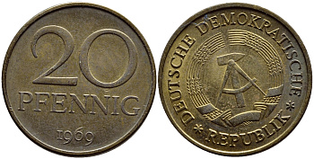 ГДР 20 пфеннигов 1969 А, первый год KM 11 латунь UNC 73-1034