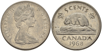 КАНАДА 5 ЦЕНТОВ 1968 БОБЕР, ЕЛИЗАВЕТА II KM 60.1 никель 4364-4455