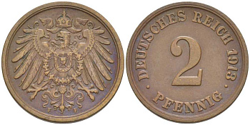 Германия 2 пфеннига 1913 F KM 16, J. 11, Weege 4 медь 206-641