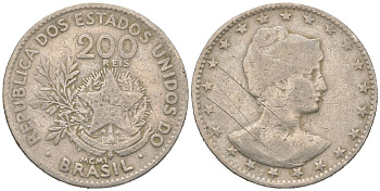 Бразилия 200 реалов 1901 MCMI, голова свободы вправо KM 504 медно-никель 4612-231