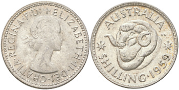 Австралия 1 шиллинг 1959 M, Елизавета II (1952-2022), овца меринос KM 59 серебро 4622-217