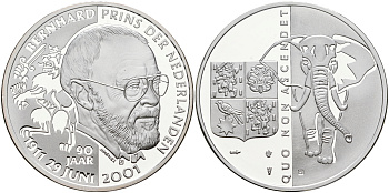 Нидерланды медаль 2001 90 лет со дня рождения принца Нидерландов Бернарду, слон  серебро  PROOF  11-132-24