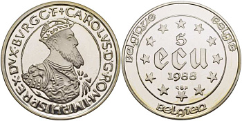 Бельгия 5 экю 1987 30 лет Римскому договору, Карл V Габсбург (1500-1558) KM 166 серебро PROOF 11-171-13