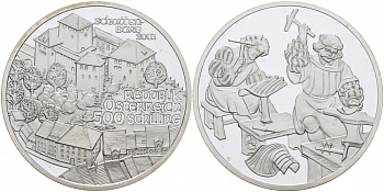 Австрия 500 шиллингов 2001 Замок Шаттенбург, кузнецы KM 3080 серебро PROOF 04-268-45