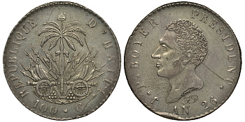 Гаити 100 сантимов 1829 AN 26, Президент Жан Пьер Буайе (1818-10843) KM 23 серебро 00-000-00