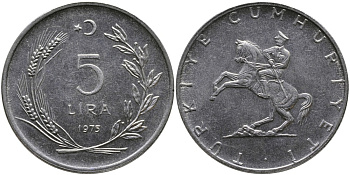 ТУРЦИЯ 5 ЛИР 1975 KM 905 нержавеющая сталь 29-134