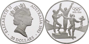 Австралия 20 долларов 1993 Олимпийские игры 1996, пьедестал, 100 лет Олимпийскому движению (1896-1996) KM 218 серебро PROOF 00-00