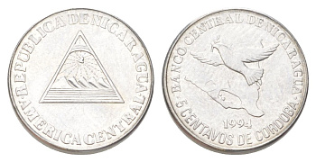 Никарагуа 5 сентаво 1994 голубь мира KM 80 хромированная сталь UNC 00-00