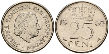 Нидерланды 25 центов 1969 Юлиана (1949-1980) VIS KM 183 никель    4598-433