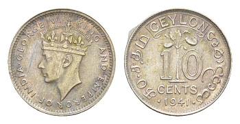 Цейлон 10 центов 1941 KM 112 серебро 25-344