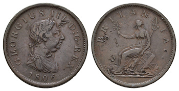 Великобритания 1 пенни 1806 Георг III (1760-1820) Spink 3780, KM 663 медь 4552-515