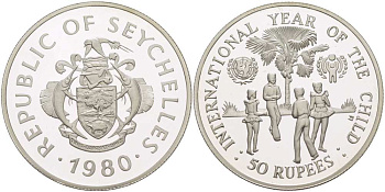 Сейшельские острова 50 рупий 1980 ООН, международный год защиты детей, тираж 10000 экз. KM 42 серебро PROOF 01-148-23