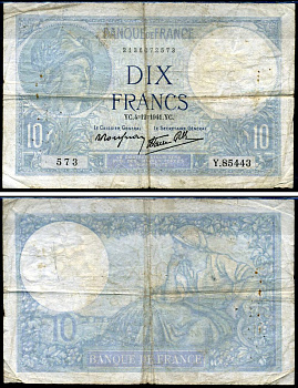 Франция 10 франков 1941 Pick 84 бумага 7457-21-3-2