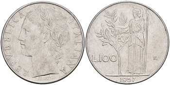 Италия 100 лир 1957 R, АФИНА В ДОСПЕХАХ KM 96.1 нержавеющая сталь 4572-326
