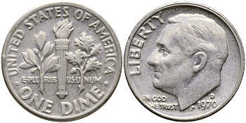 США 10 ЦЕНТОВ = 1 ДАЙМ 1970 D, РУЗВЕЛЬТ KM 195а медь плакированная медно-никелем 51-5064
