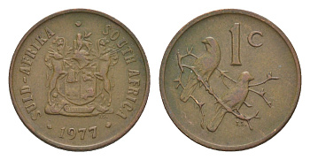 ЮАР 1 цент 1977 герб, капские воробьи KM 82 бронза 4609-1155