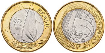 Бразилия 1 реал 2015 XXXI летние Олимпийские Игры, Рио-де-Жанейро 2016 - Парусный спорт KM 705 биметалл UNC 4140-112