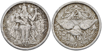 Французская Новая Каледония 2 франка 1949 птица кагу, (IEOM) KM 3, Schoen 3, Lec 55 алюминий    27-247