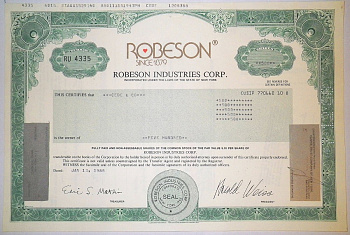 США, Robeson Industries Corp. 500 акций 1988 бумага 8805-71-1