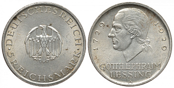 Германия 5 марок 1929 A, 200 лет со дня рождения Лессинга J. 336, КМ 61 серебро 00-809-26