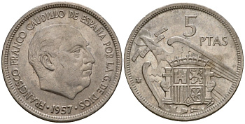 Испания 5 песет 1957 (69) Франсиско Франко (1939-1975) KM 786 медно-никель 186-654