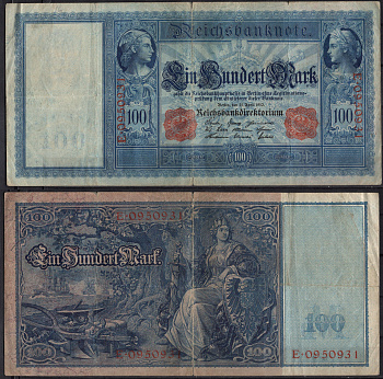 Германия 100 марок 1910 Pick 42 бумага 2192-92-1-1