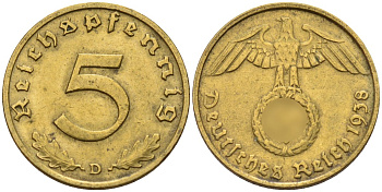 Германия 5 рейхспфеннигов 1938 D KM 91, J. 363 алюминиевая бронза 4151-834