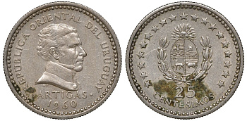 Уругвай 25 сентесимо 1960 KM 40 медно-никель 4169-935