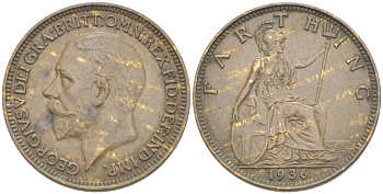 Великобритания 1 фартинг 1936 Георг V (1910-1936) KM 825, Spink 4061 бронза 4543-1054