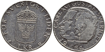 Швеция 1 крона 1984 Карл XVI Густав (1973- ) KM 852a медно-никель 4397-1135