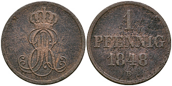 Ганновер 1 пфенниг 1848 B, Эрнст Август (1837-1851) KM 201.1, AKS 129, J. 74 медь 08-1411