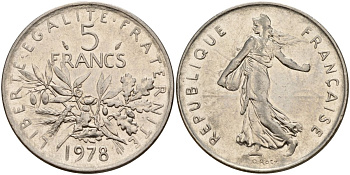 Франция 5 франков 1978 сеятель KM 926a.1, Le Franc 341.3 4149-326