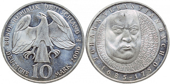 ФРГ 10 марок 2000 F, 250 лет со дня рождения Иоганна Себастьяна Баха KM 202 серебро UNC 1520-1523