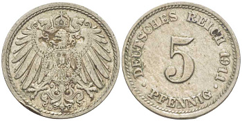 Германия 5 пфеннигов 1911 D KM 11, J. 12, Weege 6 медно-никель 105-154