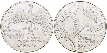 ФРГ 10 МАРОК 1972 F, ОЛИМПИАДА, СТАДИОН KM 133, J.404 серебро UNC 3457-413