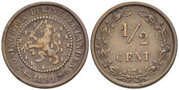 НИДЕРЛАНДЫ 1/2 ЦЕНТА 1891 ВИЛЬГЕЛЬМИНА I (1891-1948) KM 109 бронза 4547-1234