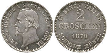 Саксен-Кобург-Гота 2 гроша 1870 B, Эрнст II (1844-1893) KM 141 серебро  aUNC  1531-1235