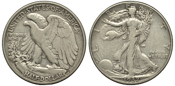 США 1/2 доллара (50 центов) 1937 шагающая свобода KM 142 серебро 413-243