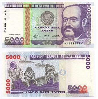 Перу 5000 инти 1988 G&D, адмирал Мигель Грау Pick 137 бумага UNC (пресс) 7148-32-2