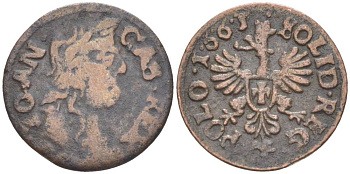 Польша 1 солид (шелаг, шиллинг) 1665 Ян II Казимир (1648-1668), боратынка, вес 1,19 гр. KM 110 медь 1517-843