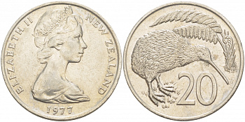Новая Зеландия 20 центов 1977 Елизавета II (1952-2022), птичка киви KM 36.1 медно-никель UNC 215-143