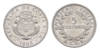 Коста-Рика 5 сентимо 1953 KM 184.1a нержавеющая сталь UNC 4644-317