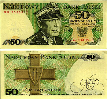 Польша 50 злотых 1988 Кароль Сверчевский, знак Грюнвальдского ордена Pick 142 c бумага аUNC 8607-74-2-1