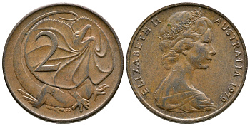 Австралия 2 цента 1979 Елизавета II (1952-2022), плащеносная ящерица (FRILLED LIZARD)  KM 63 бронза 23-1331